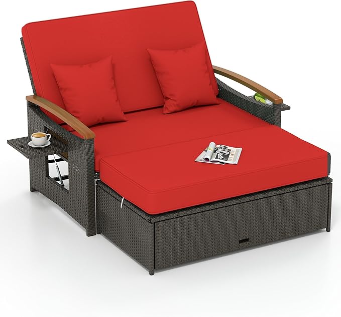 Tangkula Patio Rattan Daybed with 4-Level Adjustable Backrest, Outdoor Wicker...