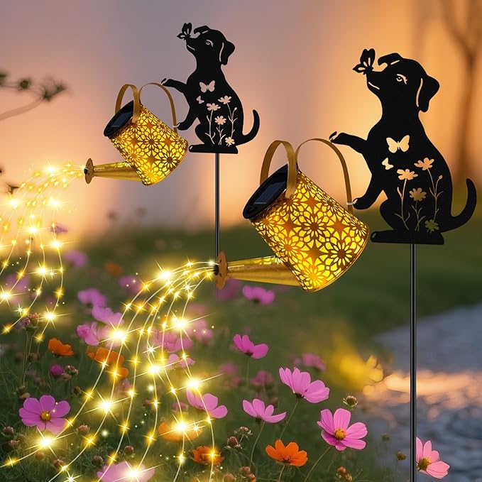 Solar Lights Outdoor Decorative, Watering Can with Cascading Lights, with Dog...