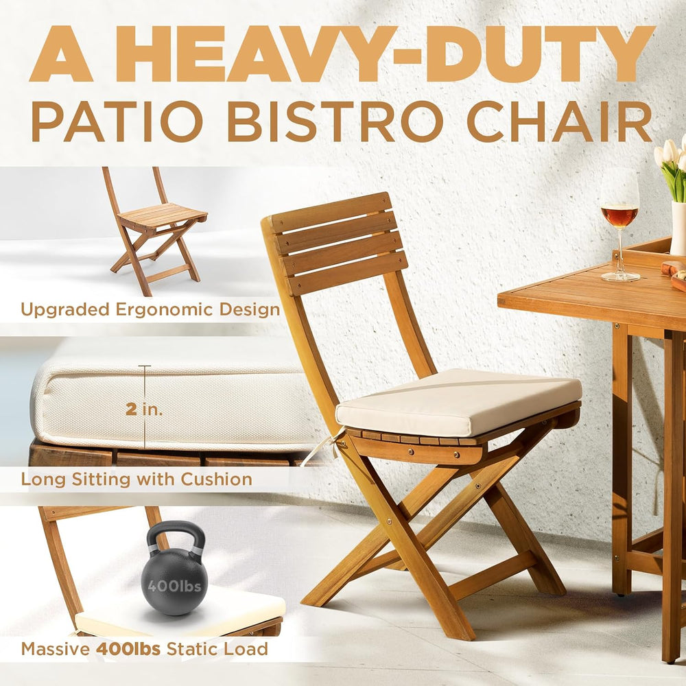 IDZO 3-Piece Bistro Set, FSC Acacia, Foldable Chairs w/Washable Cushion