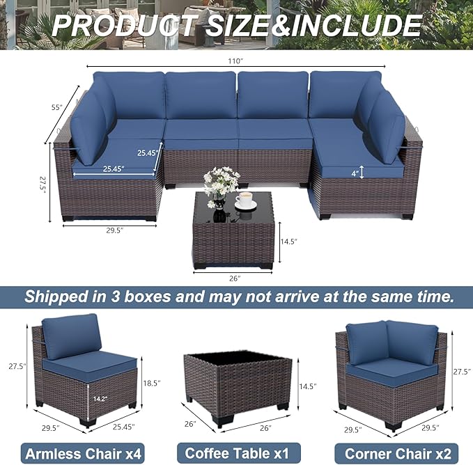 ALAULM Patio Furniture Set with Coffee Table, 7 Pieces Outdoor Sectional with...