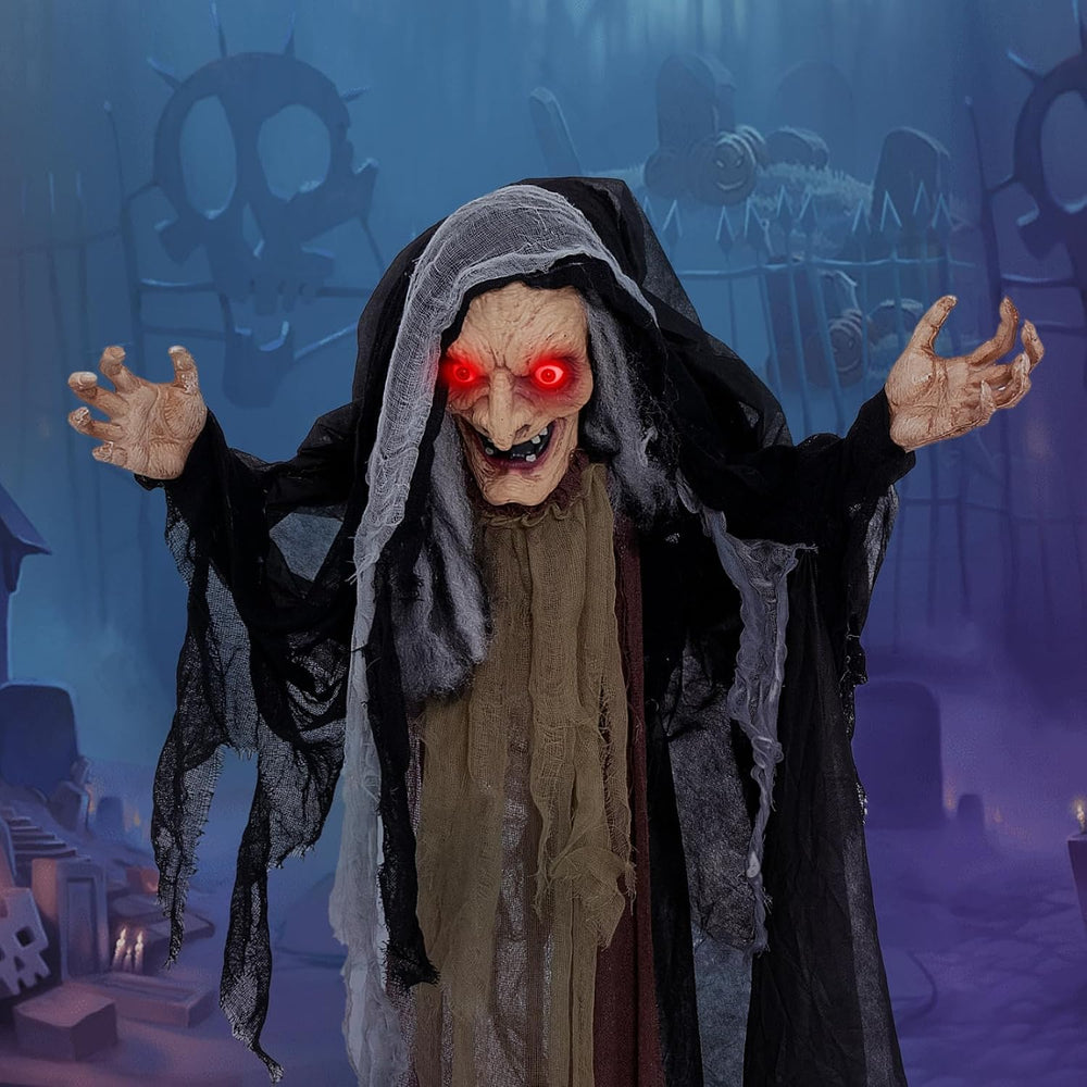 Tangkula 5 FT Halloween Animated Standing Hunchback Witch Holding Cane