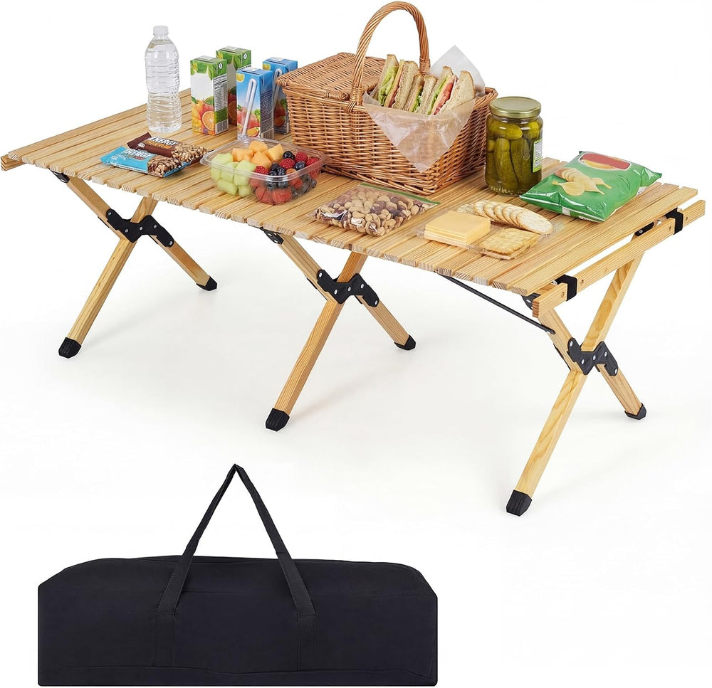 GYMAX 48 Inch Folding Camping Table, Roll-Up Pine Wood Picnic Table with Carr...