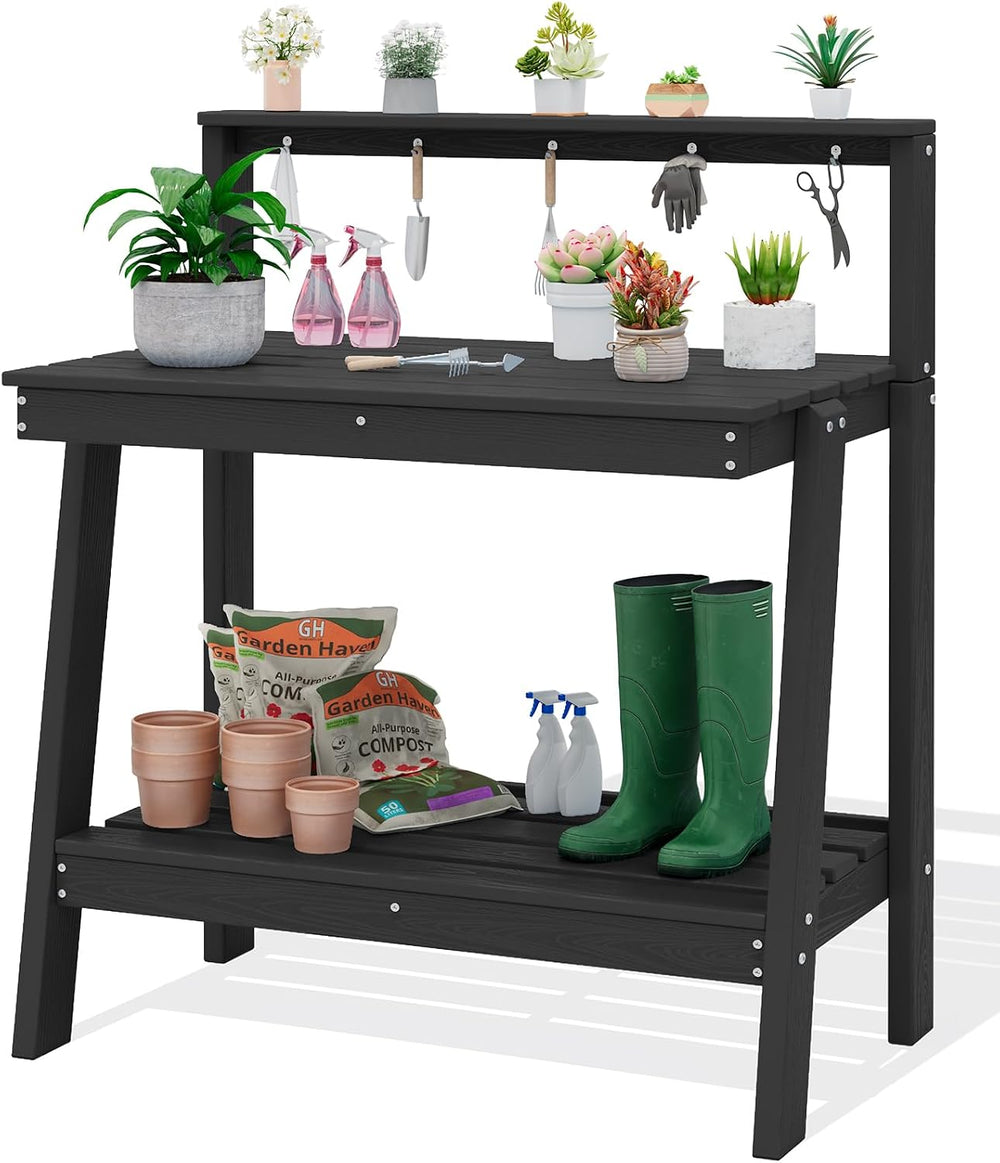 SERWALL 3-Tier Outdoor Potting Bench with Storage,Gardening Table,Black