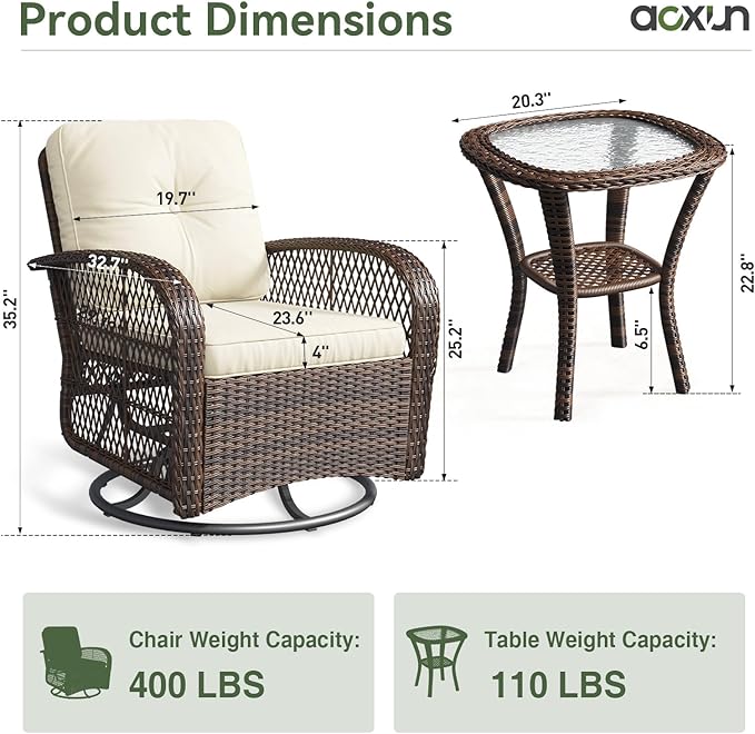 Aoxun 3 Pieces Patio Furniture Set, Patio Swivel Rocker Chairs Set of 2, Wick...