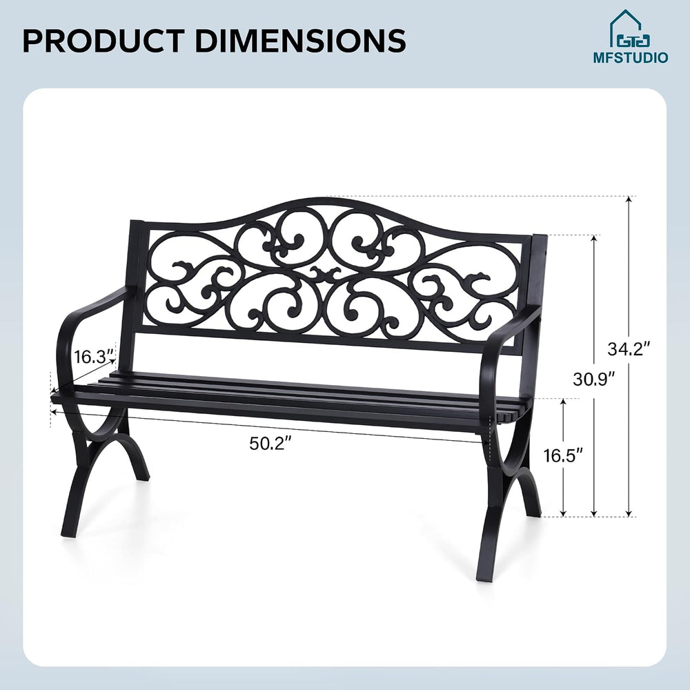 MFSTUDIO 50 Inches Outdoor Garden Bench Cast Iron Metal Frame, Floral Black