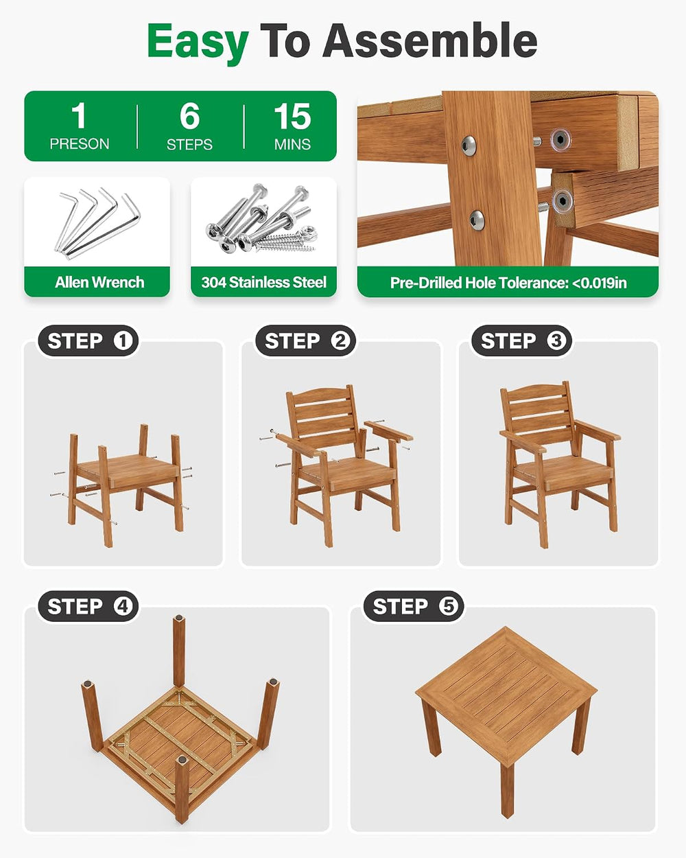 YEFU 5 Piece Square Patio Dining Set, Sturdy Aluminum Frame, HIPS, Teak