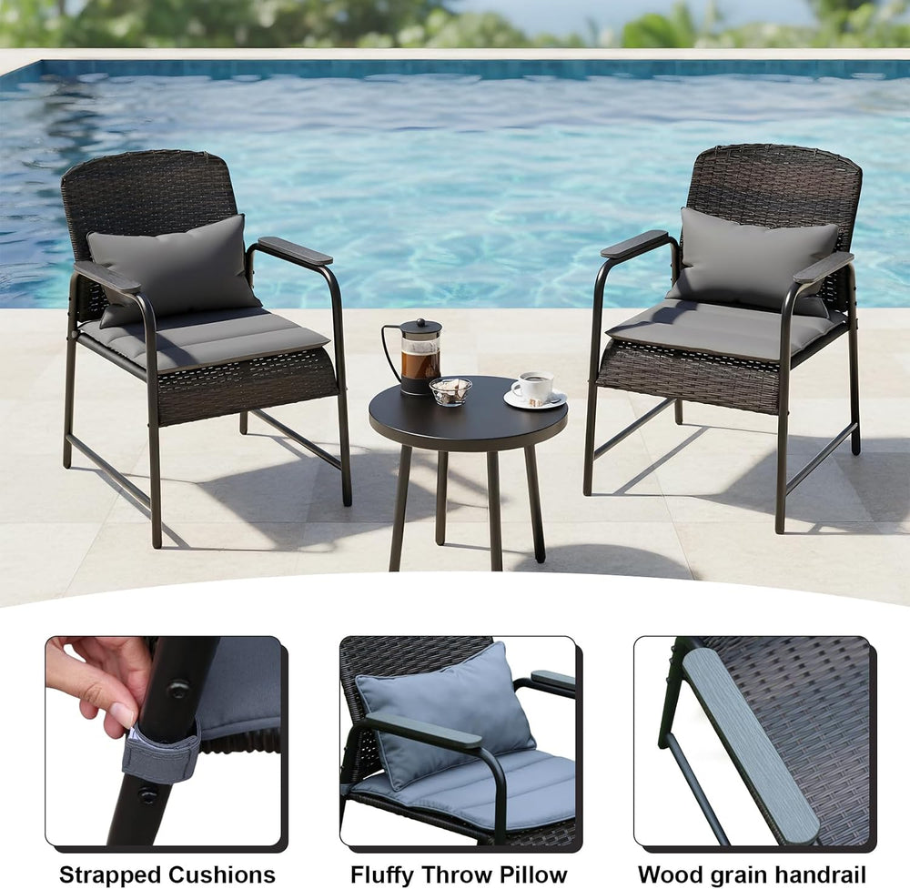 3 Pieces Outdoor Patio Furniture Set,All-Weather Wicker Rattan Bistro Set wit...