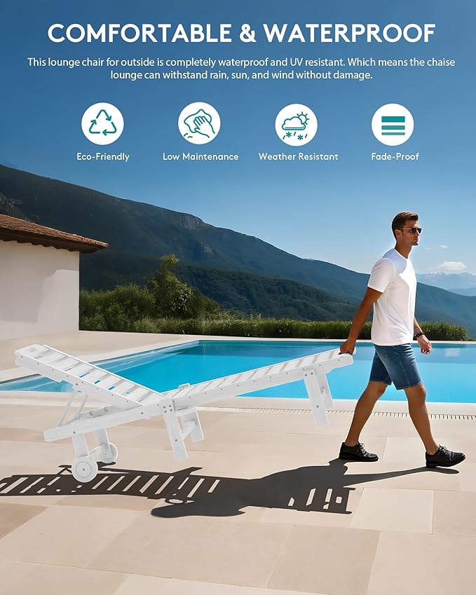 SERWALL Outdoor Chaise Lounge Set of 2, All-Weather HDPE Pool Lounge Chairs w...