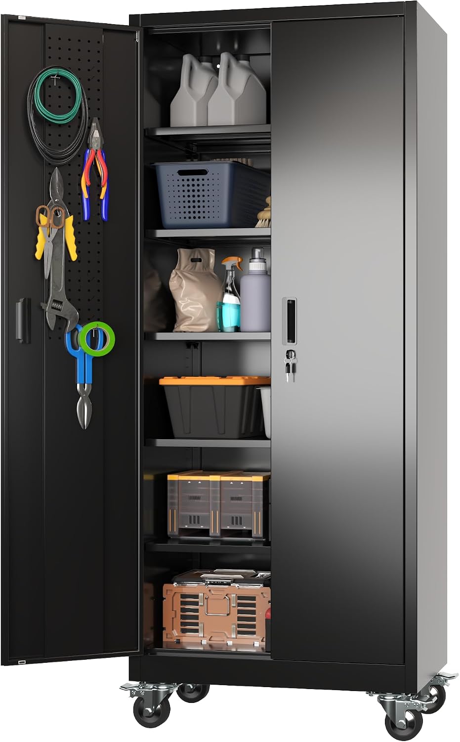 Aobabo 71" Metal Storage Cabinet with Wheels, 5 Shelves & Pegboards,...