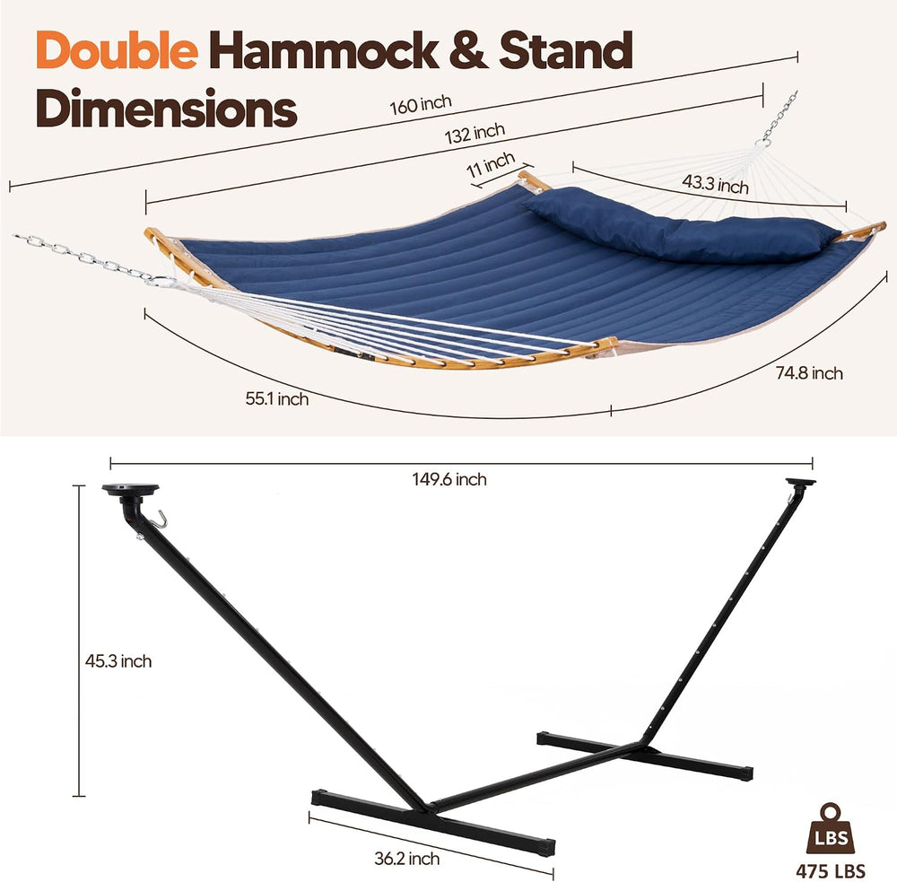 Outdoor Hammock with 12 ft Stand, Solar Powered Lights, Dark Blue