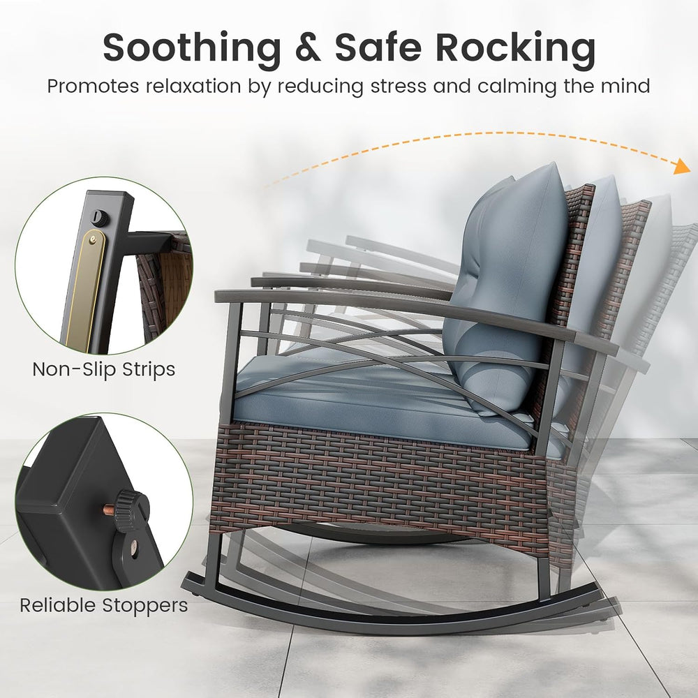 ORALNER 3-Piece Wicker Rocking Chair Set, Outdoor Cushioned Rocker and Acacia...