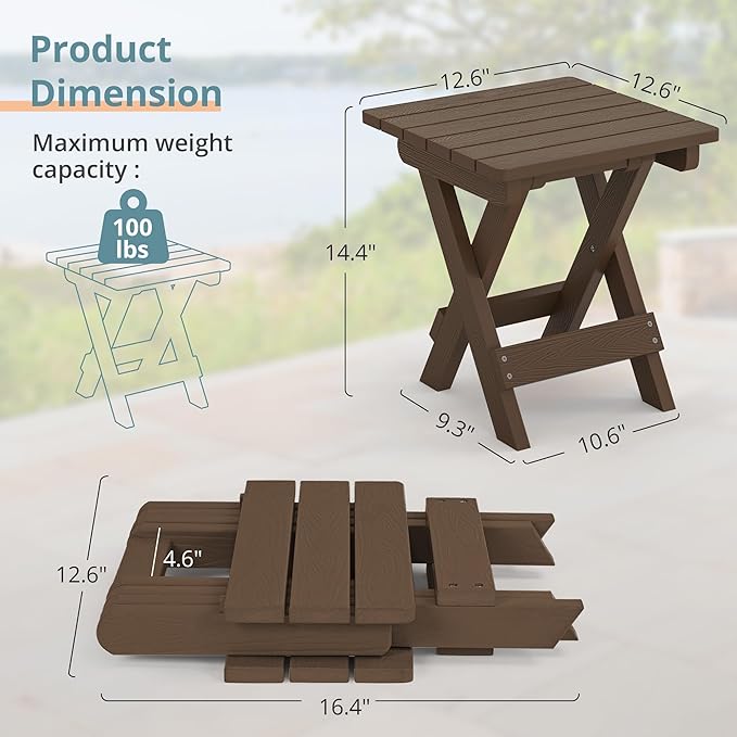LUE BONA Small Outdoor Folding Side Table, HDPS Outside End Table for Patio, ...