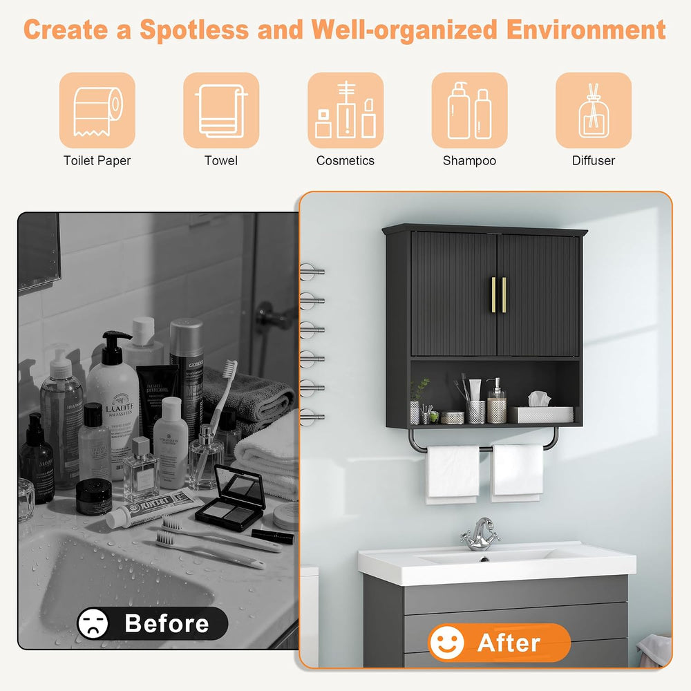Wall Mounted Cabinet with Towel Bar & Shelves for Kitchen Bathroom