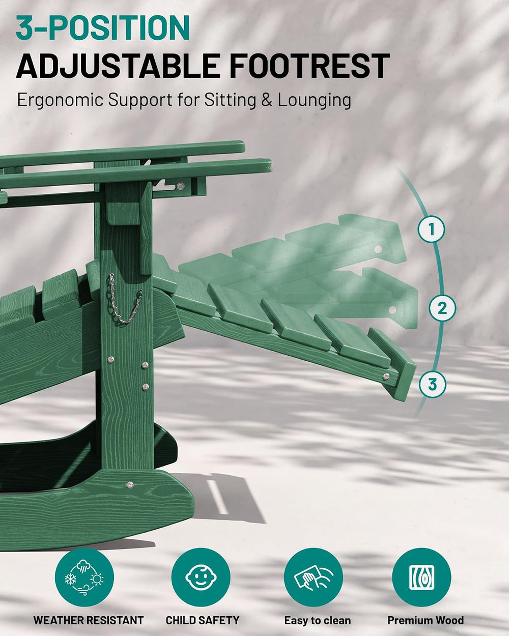 PLUUV Folding Adirondack Rocking Chair with Retractable Ottoman, Green