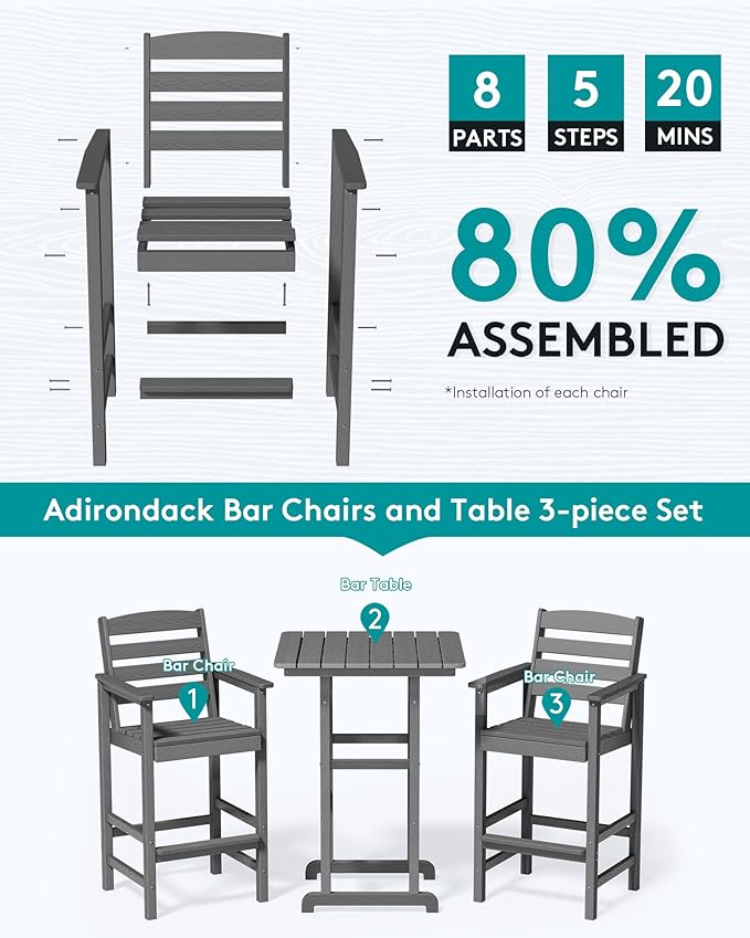 SERWALL Balcony Adirondack Chairs and Table 3 Pieces Set, Adirondack Bar Heig...