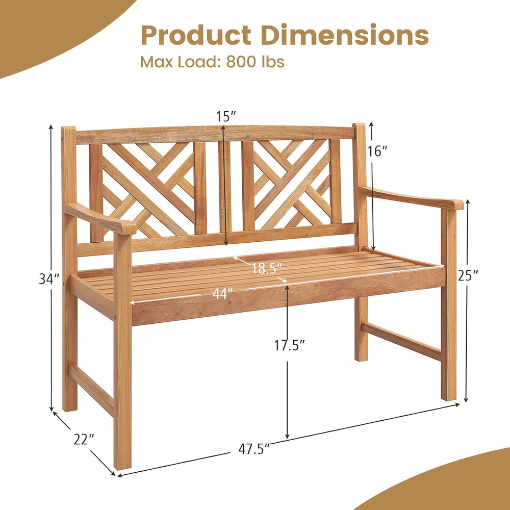Tangkula Patio Acacia Wood Bench, 2-Person Outdoor Loveseat Chair, Cozy Armre...