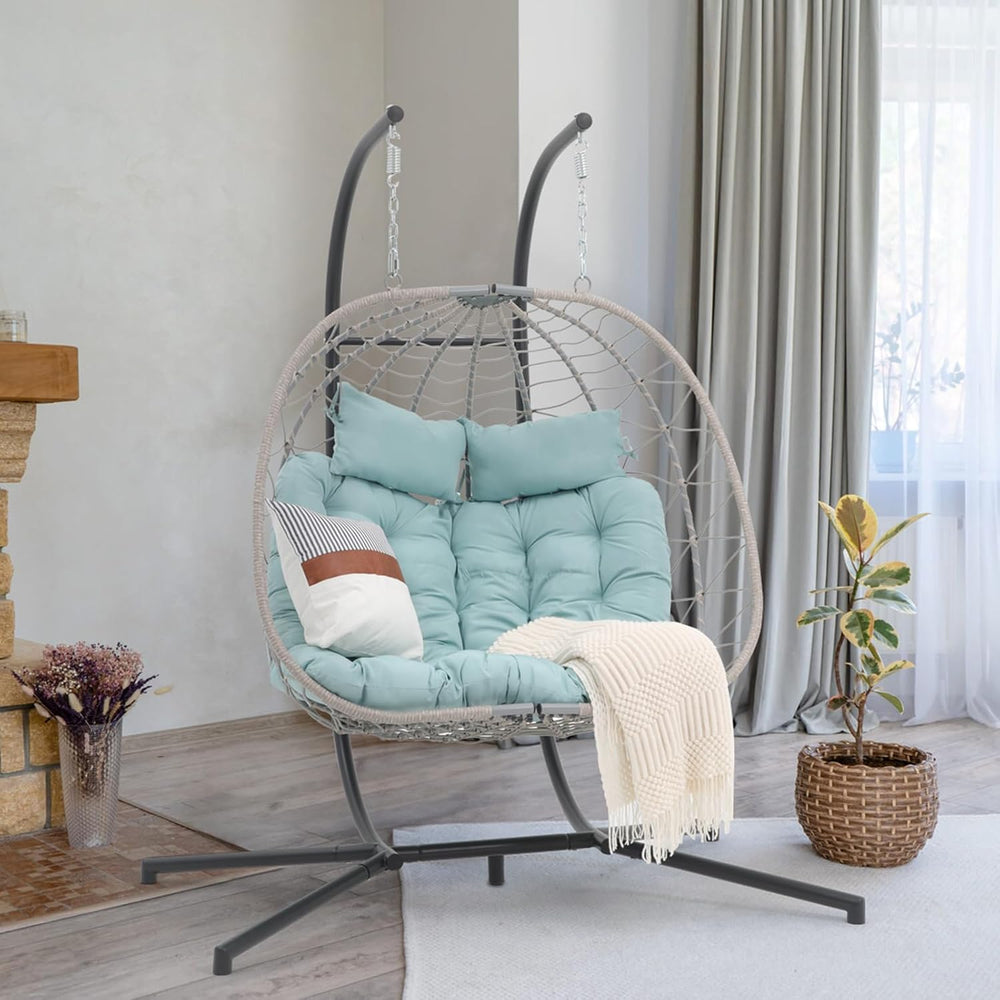 Patiorama 2 Person Double Egg Swing Chair with Stand, Wicker, Light Blue