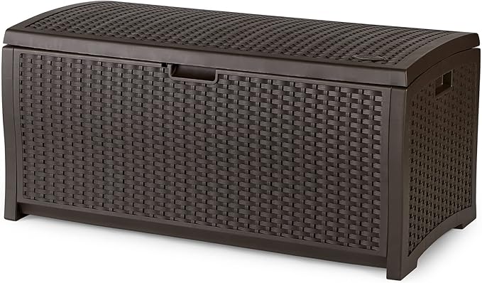 Suncast Outdoor Storage Box - 73 Gallon Mocha Brown Deck Box for Patio, Waterproof Outdoor Storage Bench, Resin Wicker Style, Heavy-Duty, Lockable Lid for Cushions, Shoes, Pool & Garden Gear