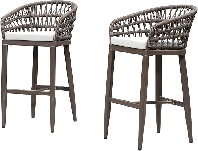PURPLE LEAF Outdoor Rattan 29" Bar Stools Set of 2, Modern Boho Aluminum...