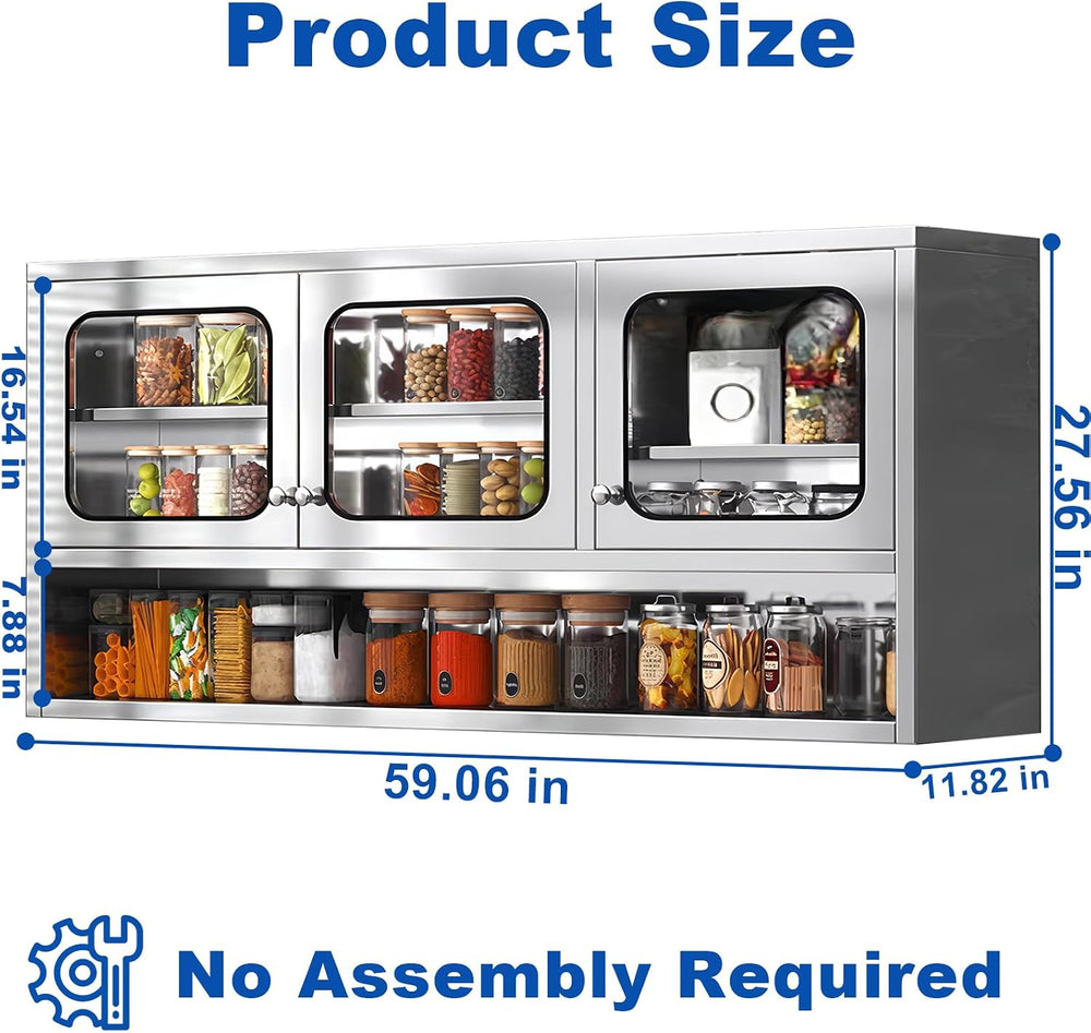 ZZV 59” Kitchen Wall Cabinet, Stainless Steel Wall Mounted Cabinet with Adjus...