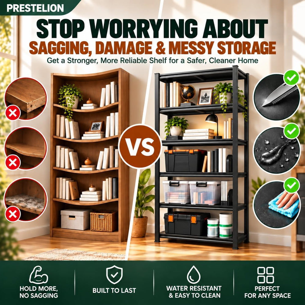 Book Shelf, Adjustable Metal Bookcase with Bolt-Free Storage Shelves