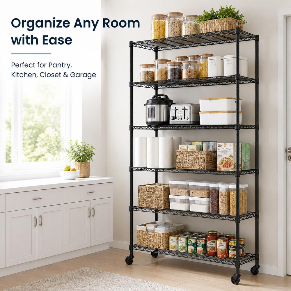 6-Tier Wire Shelving Unit with Wheels, 45 x 18 x 82 in, Black