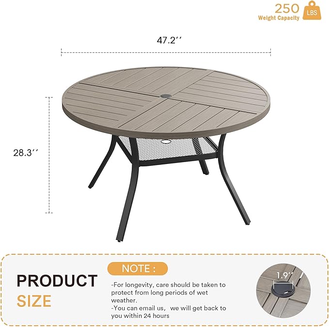 VICLLAX Round Patio Table with Adjustable Umbrella Hole for 6, All Weather Me...