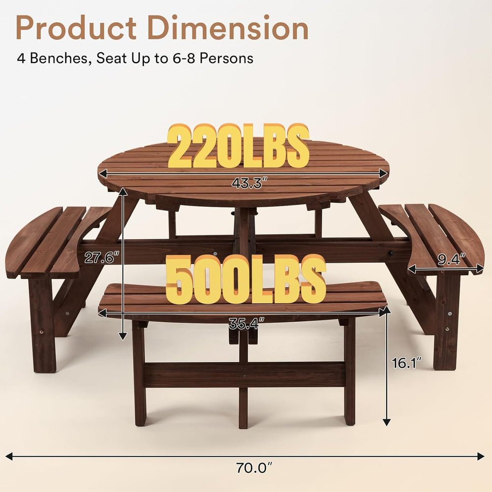 Zevemomo Round Picnic Table Wood for 8 People, Brown