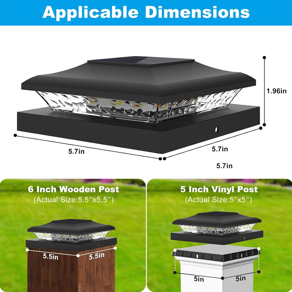 Black Solar Post Cap Lights, Fits 5x5 5.5x5.5 6x6 Posts, 6 Pack