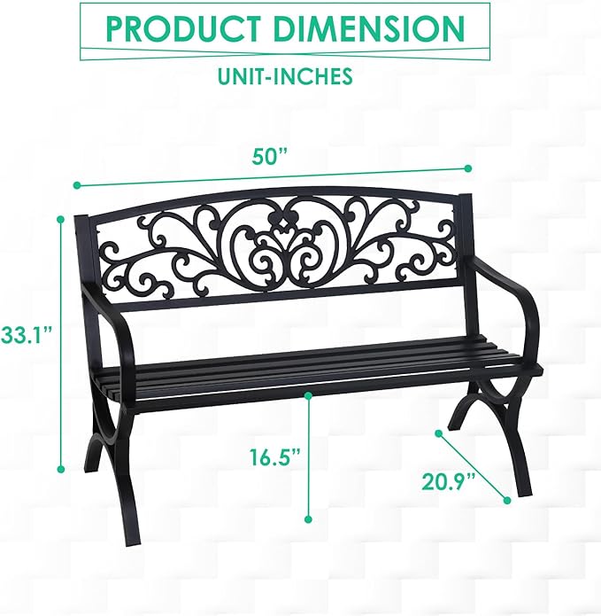 FDW Outdoor 50 Inches Garden Bench, Slatted Seat Armrests Floral Design Backr...