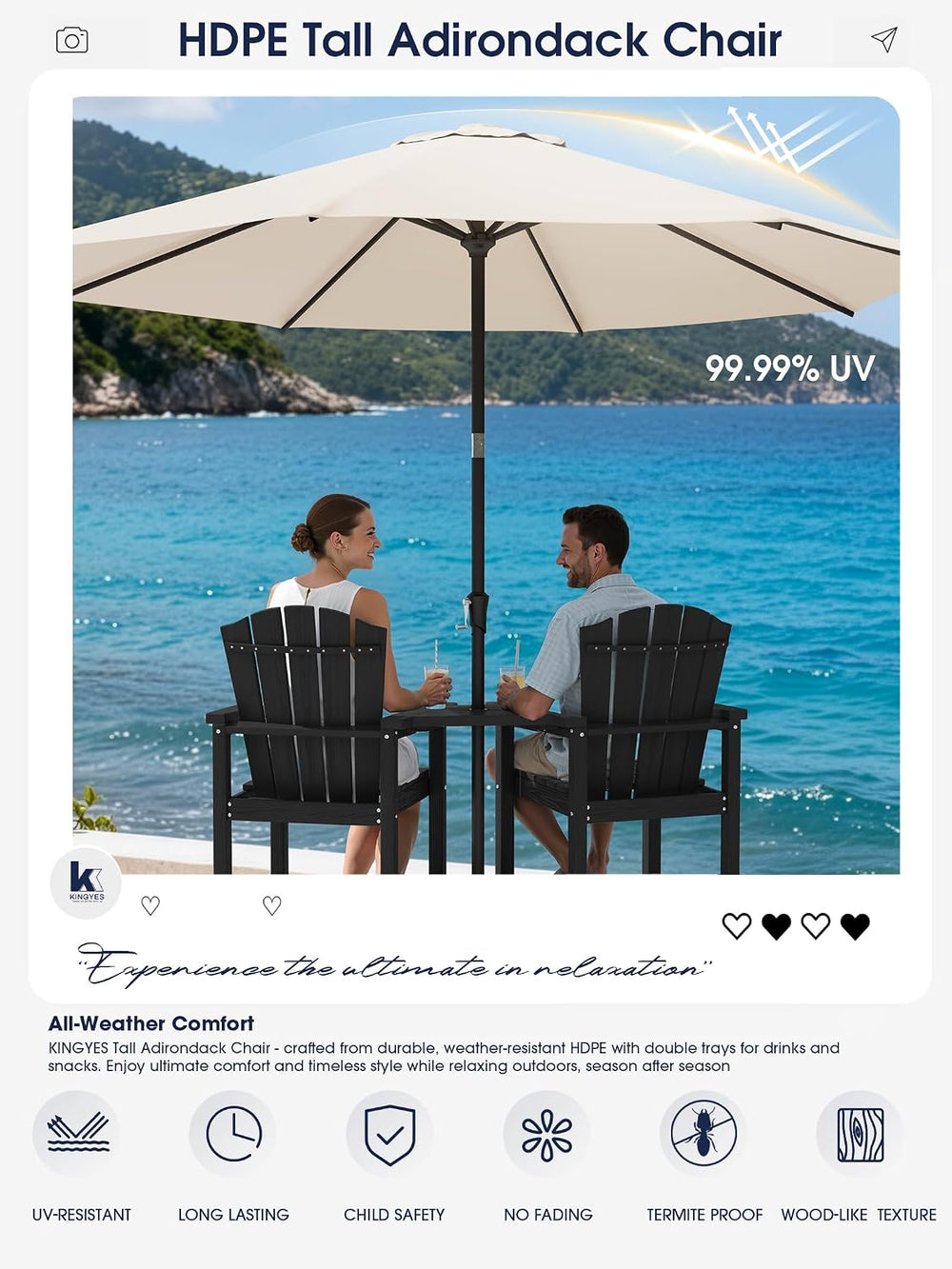 KINGYES Tall Adirondack Chair Set of 2 with Double Connecting Trays, Black