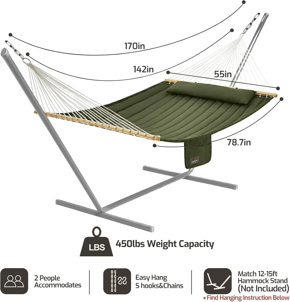 CHULIM Double Quilted Hammock with Hardwood Spreader Bars and Pillow