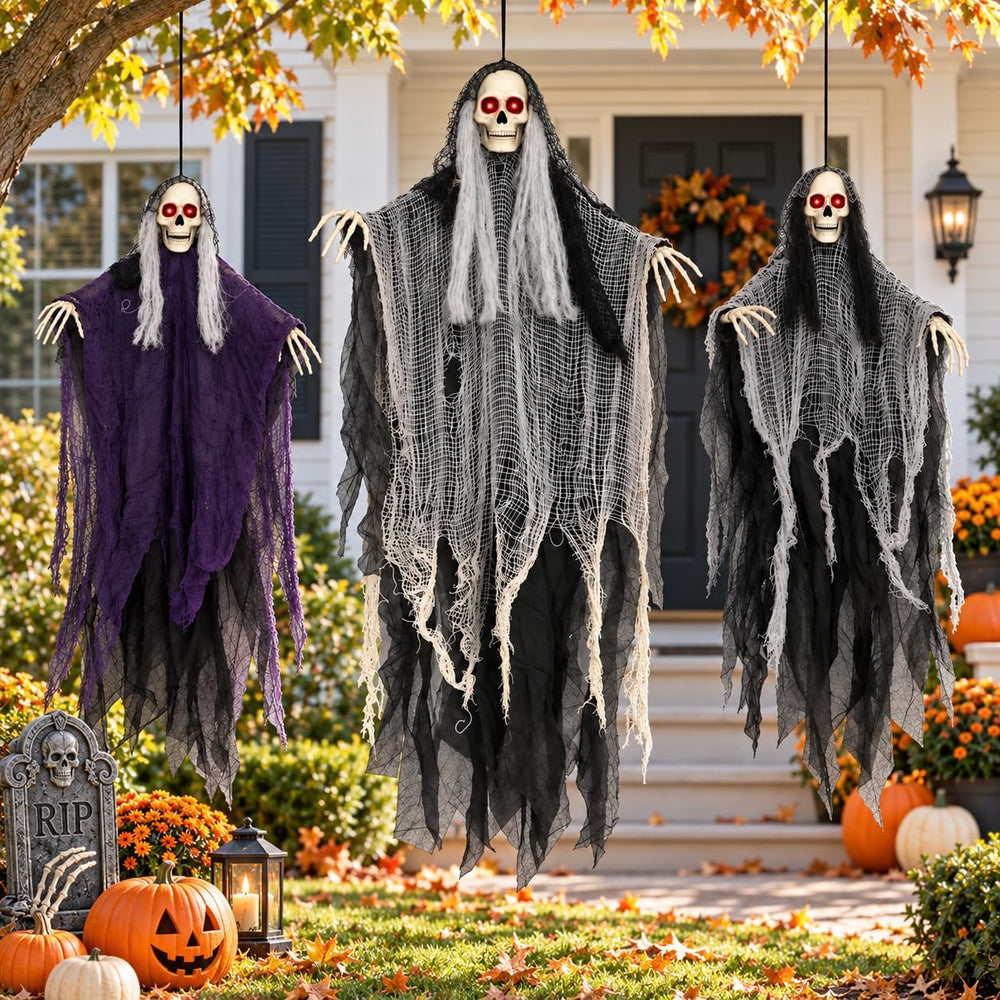 Halloween Decorations Outdoor, 3 Pack Glowing Eyes Hanging Skeleton Ghosts