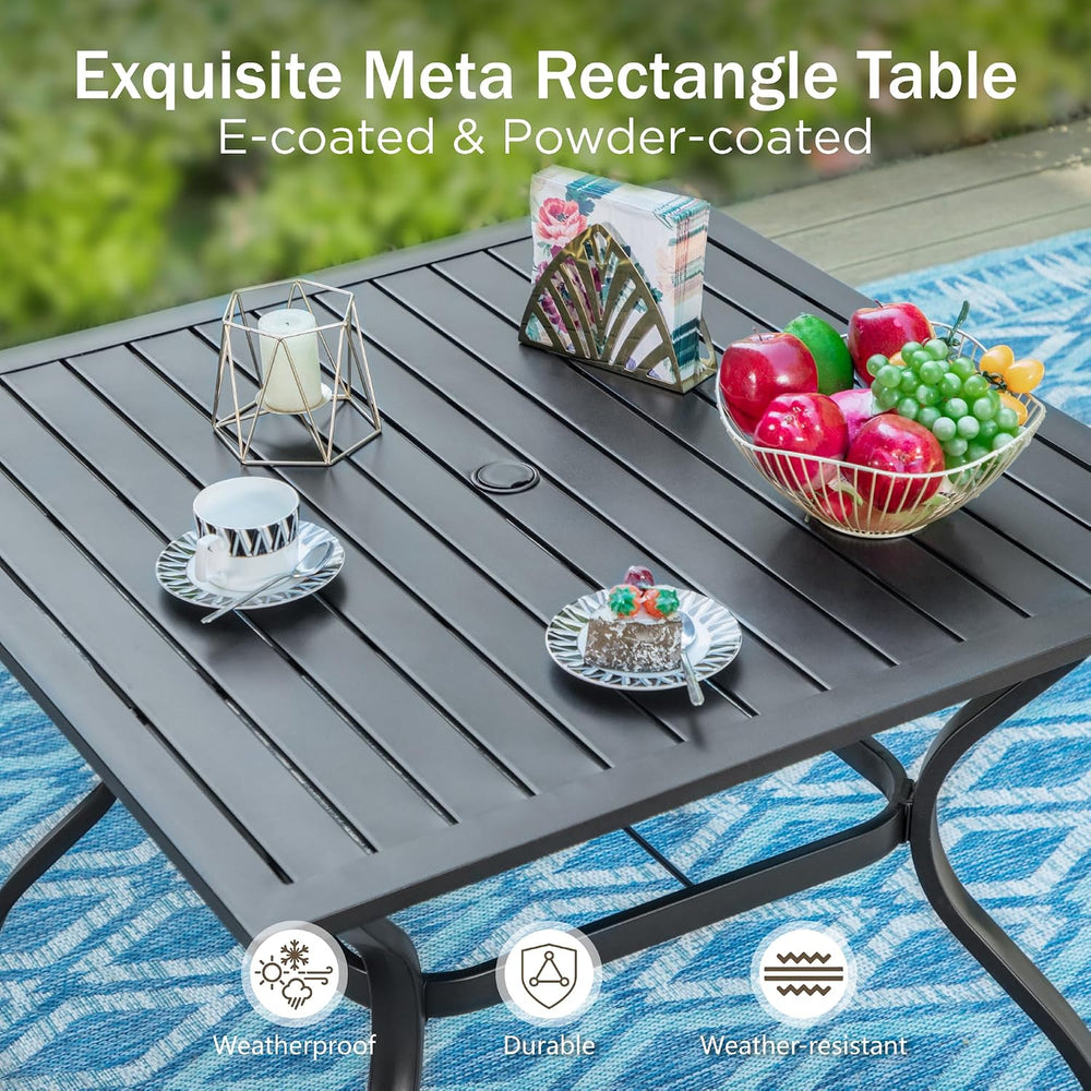 PHI VILLA 5pc Patio Dining Set with 10ft Blue Umbrella, 4 Rattan Chairs