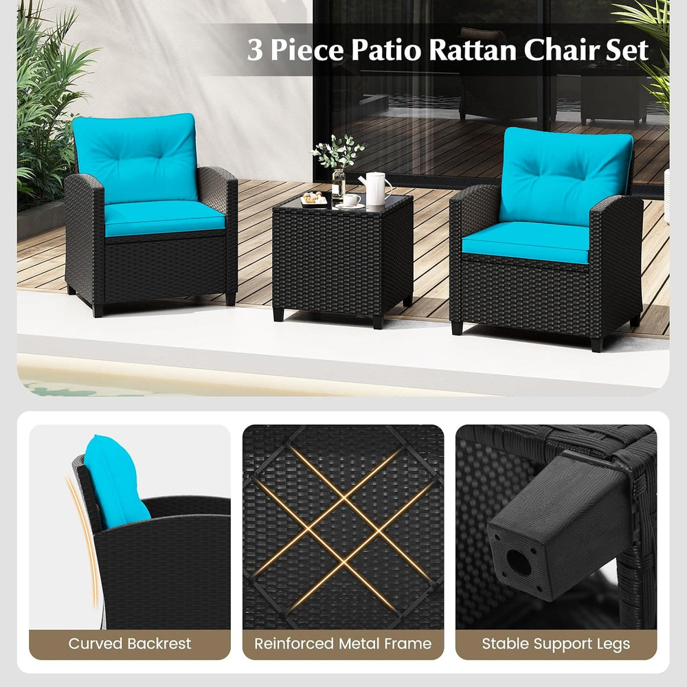 Tangkula 3 Piece Patio Furniture, Rattan Conversation Set w/Soft Seat & B...