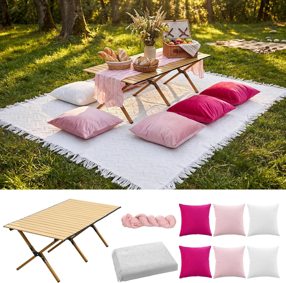 Leinuosen 9 Pcs Boho Picnic Set with Folding Low Table, Pink