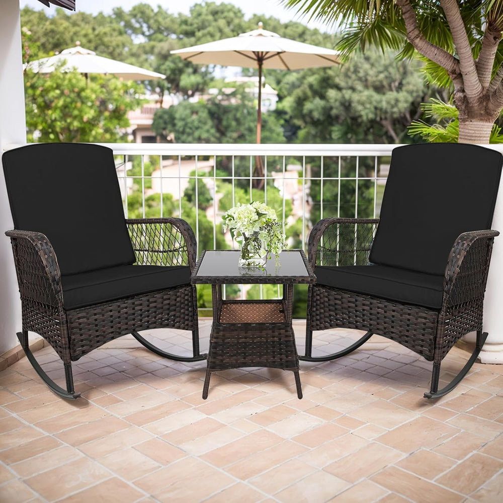CHABATREE 3 pcs Rocking Bistro Set Conversation Chairs PE Wicker Outdoor Rock...