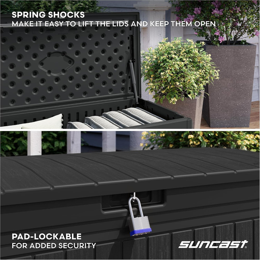 Suncast 80 Gal, Large Outdoor Patio Deck Box, Pad-Lockable Lid, Iron Ore