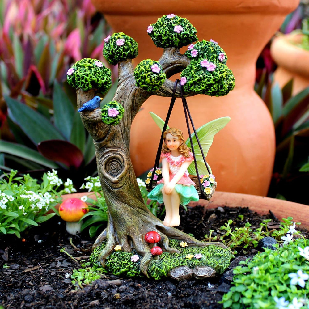 Fairies for Fairy Garden - 4 Piece Set with Tree Swing | Hand-painted resin; ...