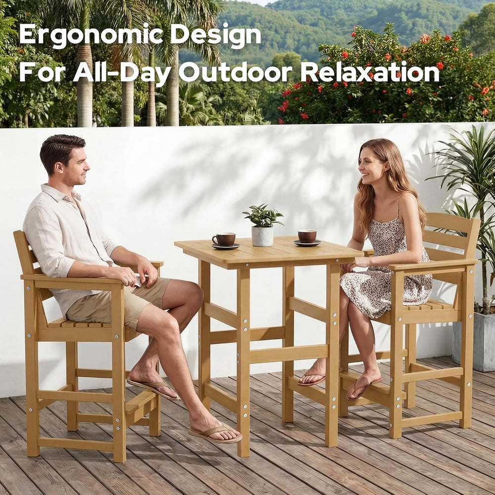 3-Piece Outdoor Bistro Bar Set, HDPE Bar Height Table & Chairs, Teak
