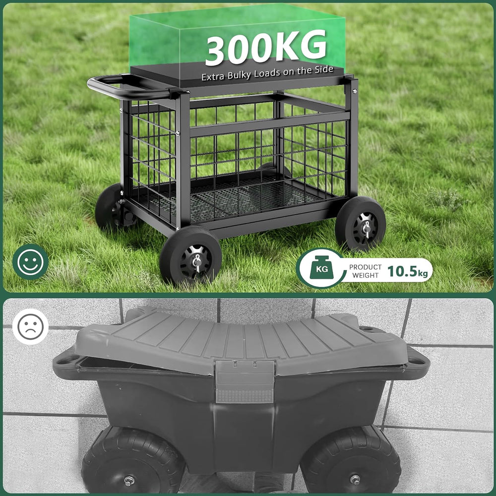 Garden Cart with Seat,3-in-1 Rolling Seat with Wheels for Gardening Seniors