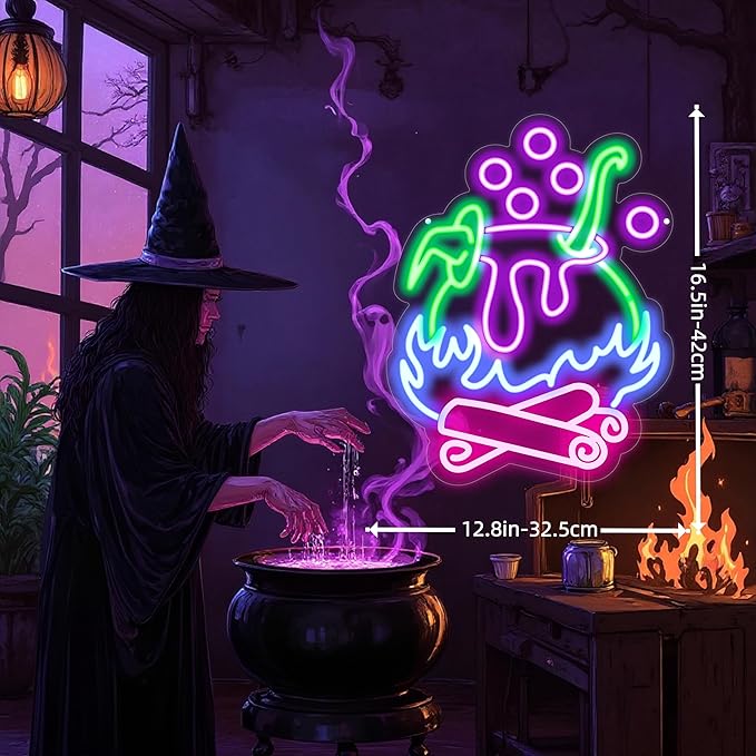 "Witch Brew" Cauldron Neon Sign - Spooky LED Cauldron Wall Art, Spo...