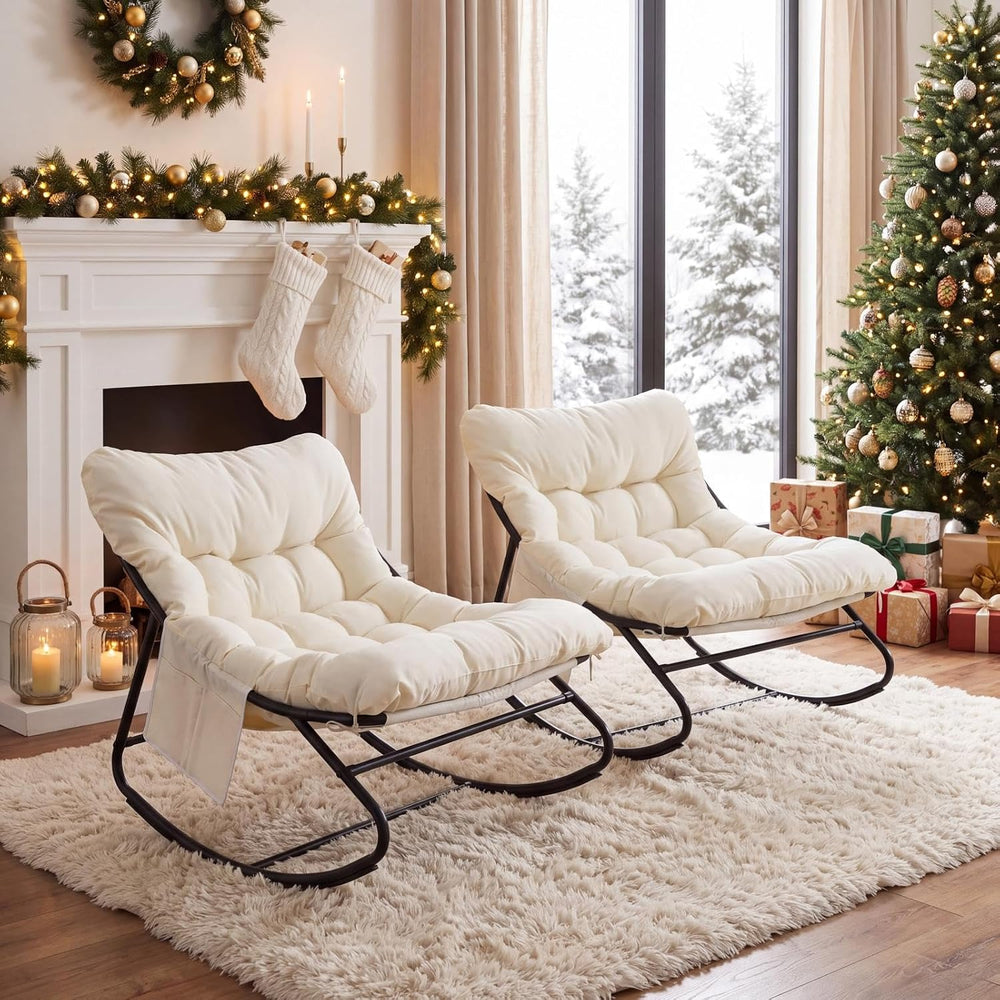 Outdoor Rocking Chair, Papasan Rocking Chair Indoor (2, Beige)