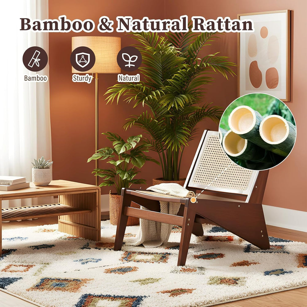 Rattan Accent Chair, Compact Low-Profile Bamboo Chair in Walnut