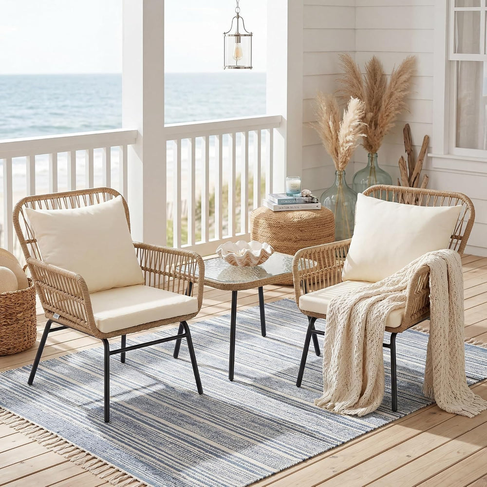 BULEXYARD 3 Pcs Boho Patio Furniture Sets, Outdoor Wicker Bistro Chair Set