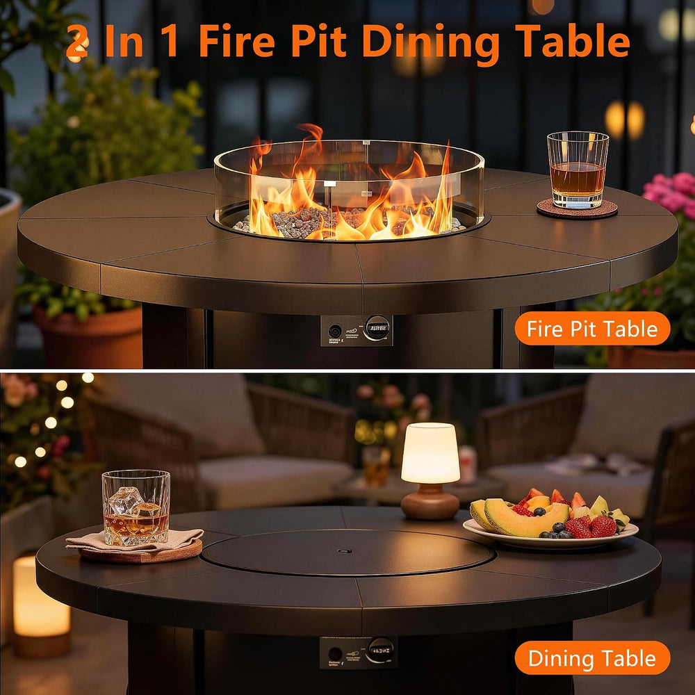 7Pcs Patio Furniture Swivel Chair Set with 55,000 BTU Round Fire Pit-Sand