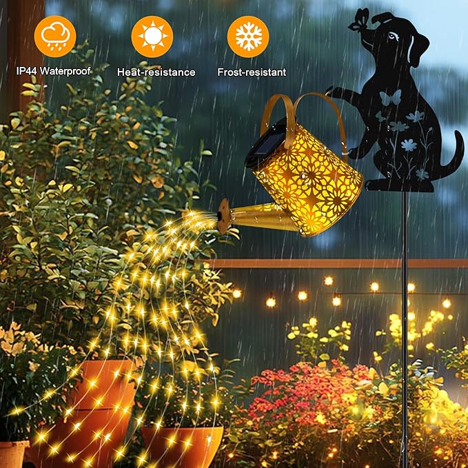 Solar Lights Outdoor Decorative, Watering Can with Cascading Lights, with Dog...