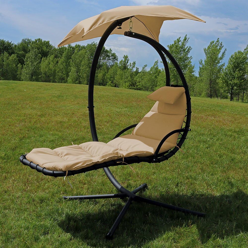 Sunnydaze Floating Chaise Lounger Swing Chair with Umbrella Canopy - Curved S...