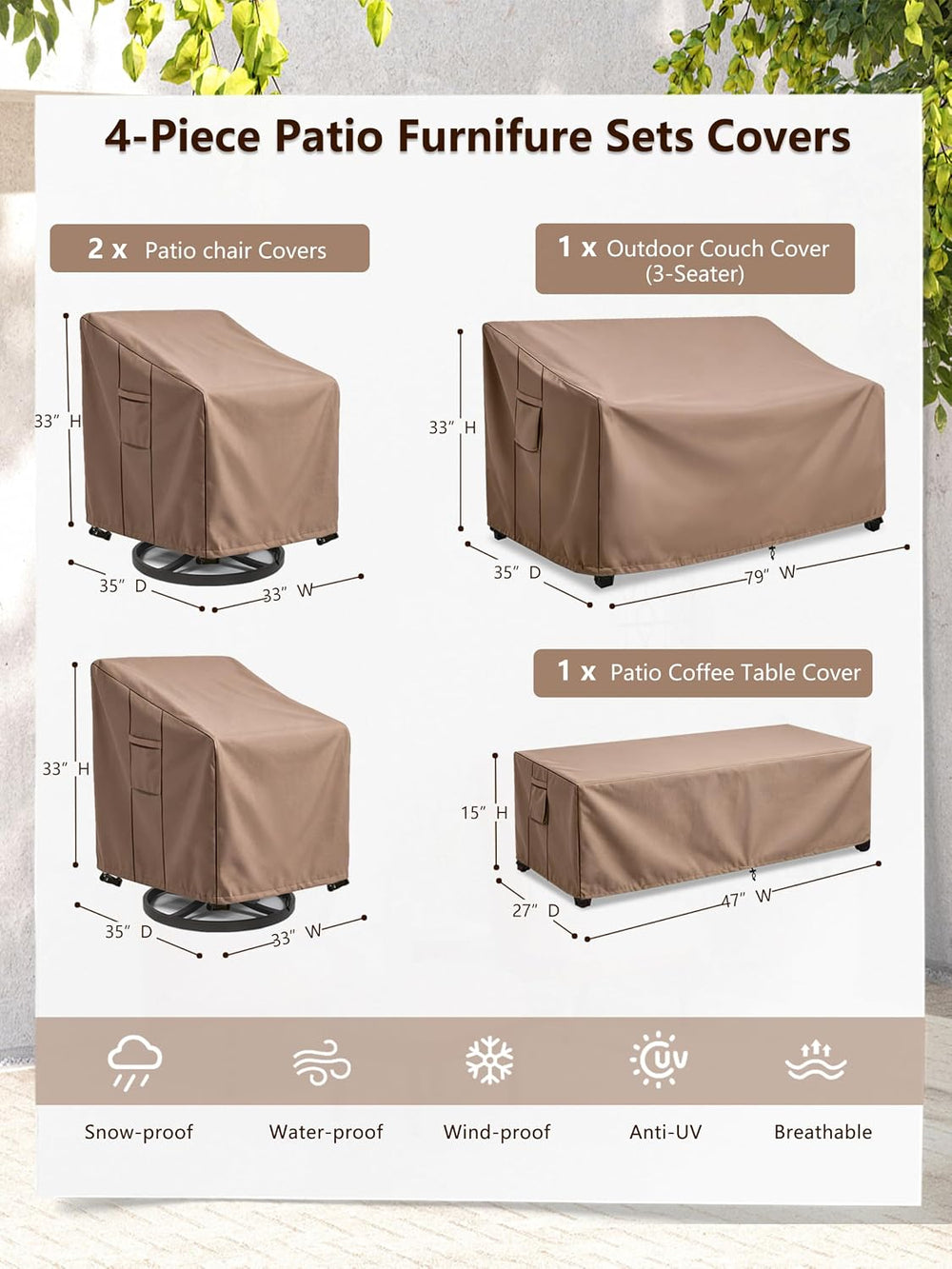 Patio Furniture Cover Set, 4 Piece Outdoor Furniture Cover Waterproof, 600D H...