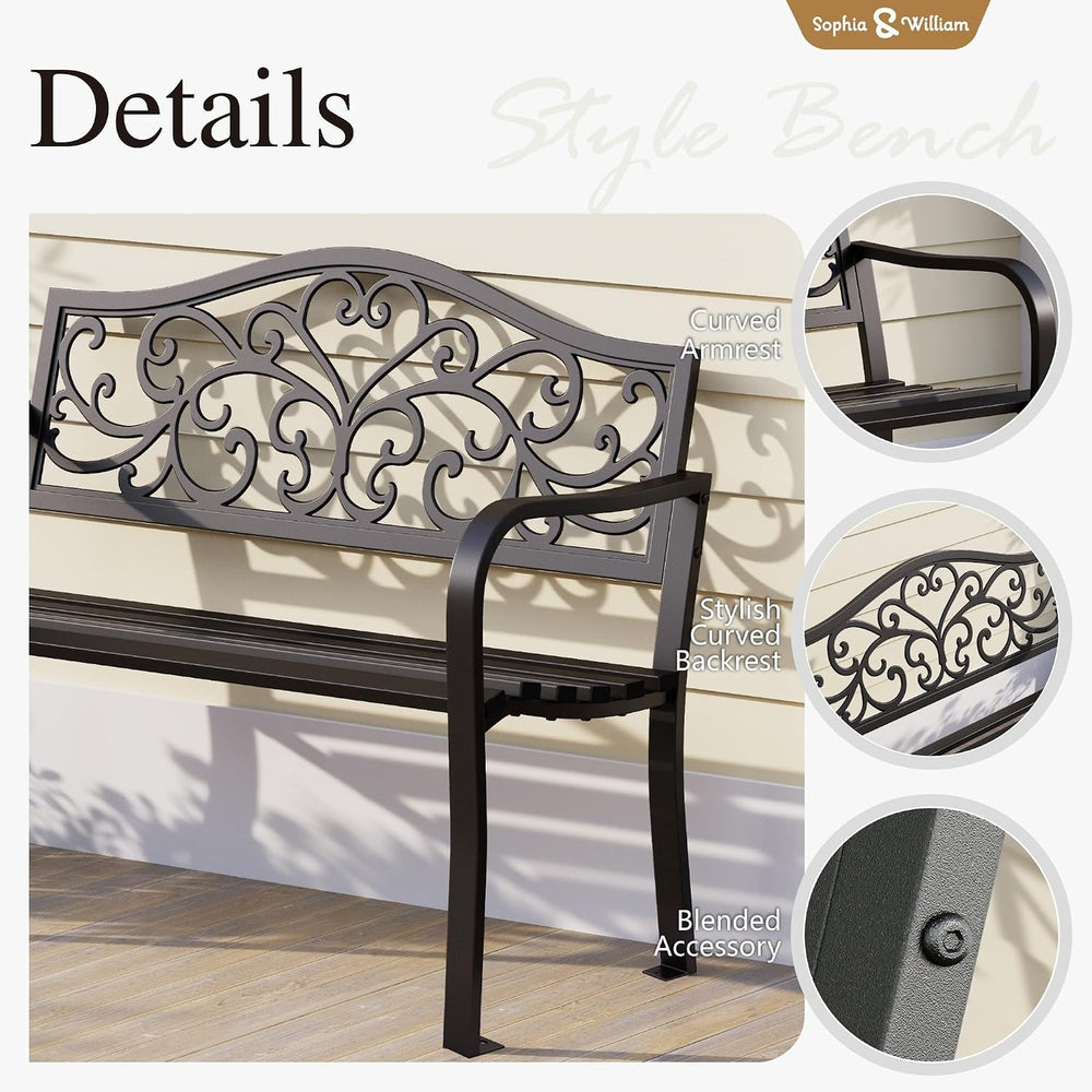 Sophia & William 43 Inches Outdoor Bench, Metal Garden Bench, Floral Black